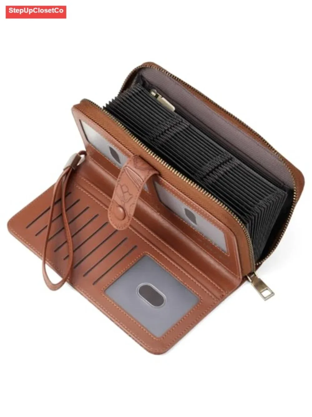 Vegan Leather RFID Blocking Zip Around Wallet with 45 Card Slots and Wristlet